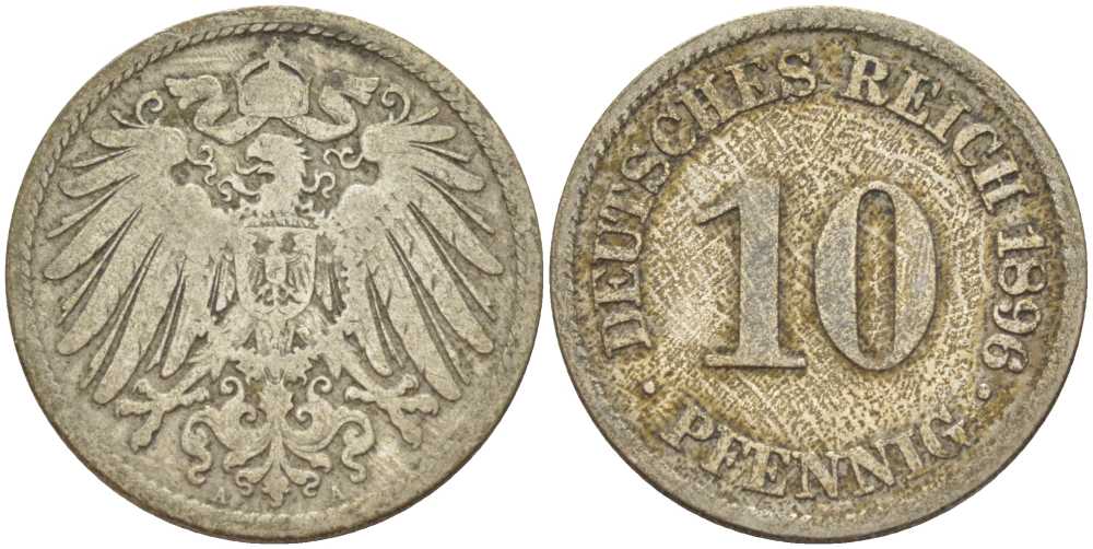 ГЕРМАНИЯ 10 ПФЕННИГОВ 1896 A KM 12, J. 13, Weege 8 медно-никель 261-1256