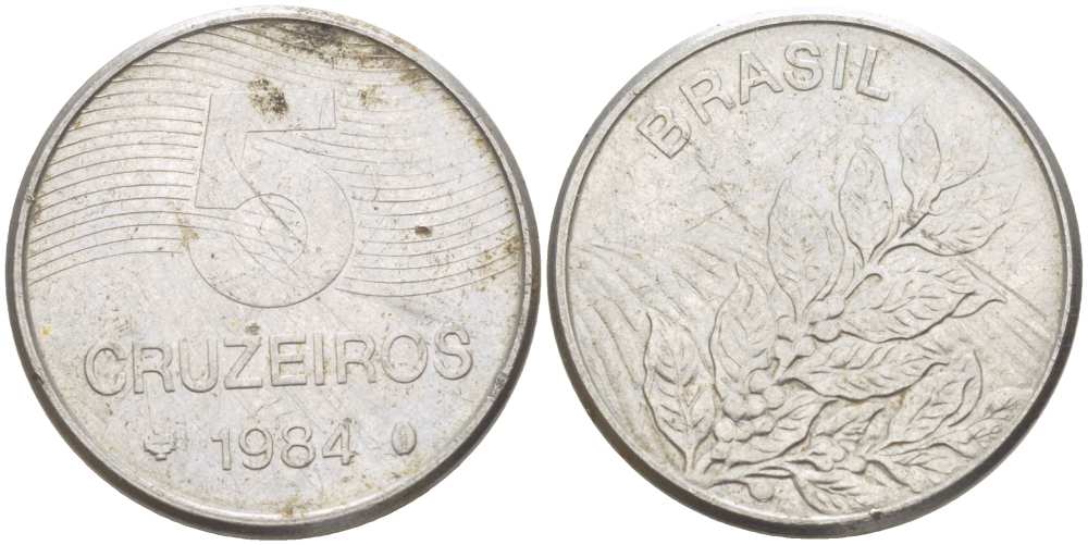 БРАЗИЛИЯ 5 КРУЗЕЙРО 1984 РЕФОРМА 1967-1985, КОФЕ KM 591 нержавеющая сталь 4385-753