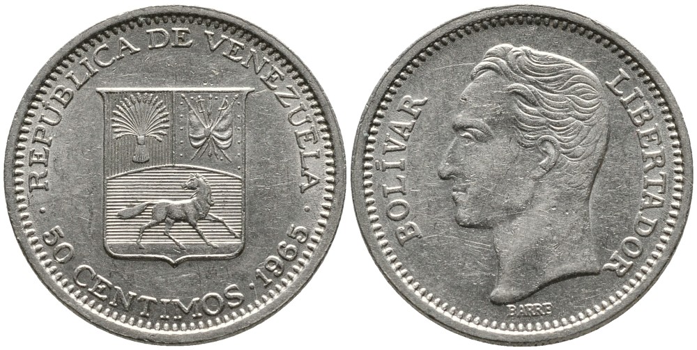 Венесуэла 50 сентимо 1965 Симон Боливар KM 41, Schon 51 никель 4532-311