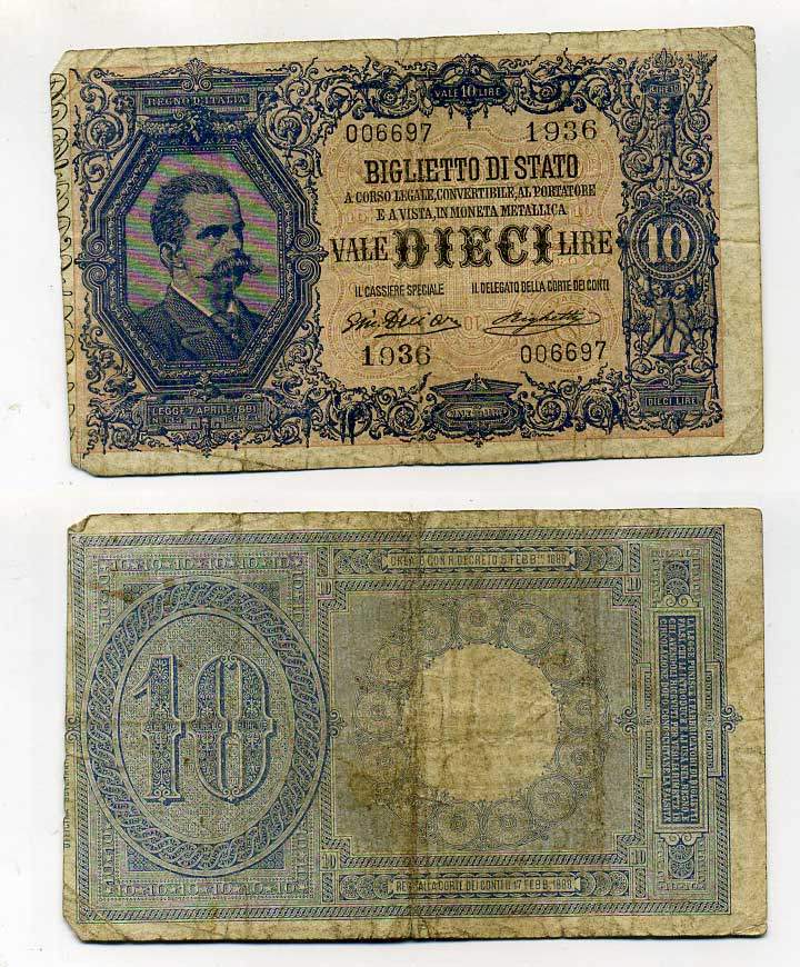 Италия 10 лир 1915 Pick 20 f, Grapanzano BS 39 бумага 450-81-1
