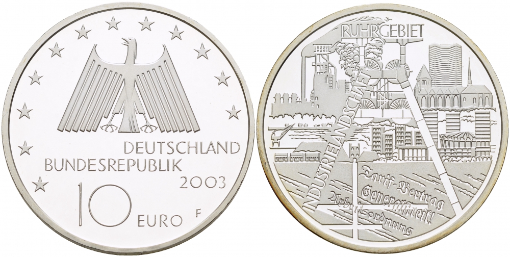 ФРГ 10 евро 2003 F, Рурский бассейн, промышленная зона KM 224, DE.S. 10.10 серебро PROOF 1082-9-55