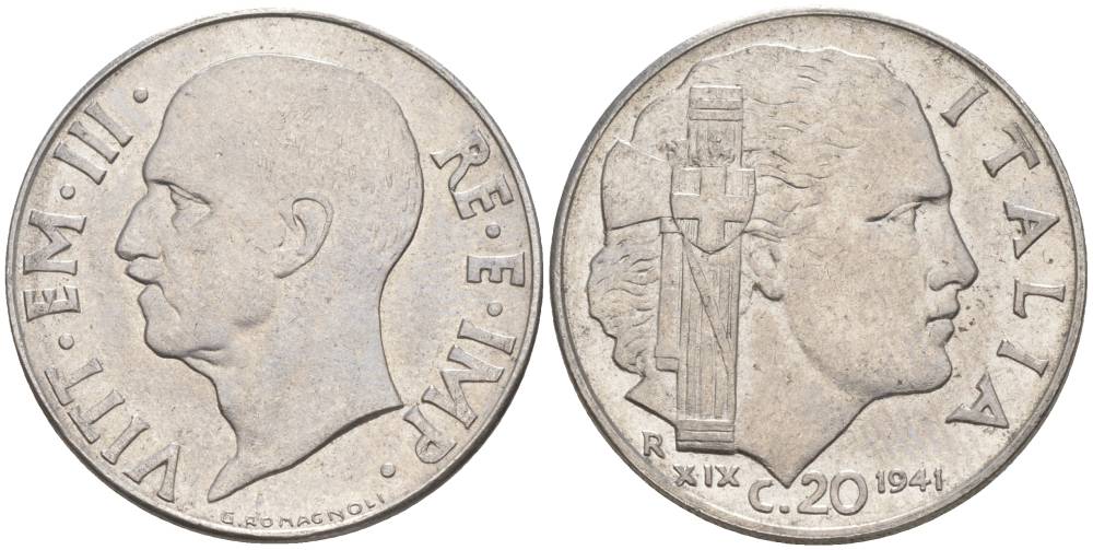 ИТАЛИЯ 20 ЧЕНТЕЗИМО 1941 R, ГОД XIX, ВИКТОР ЭММАНУИЛ III (1900-1946) KM 75b, VEM3. 1028 нержавеющая сталь 3853-1117