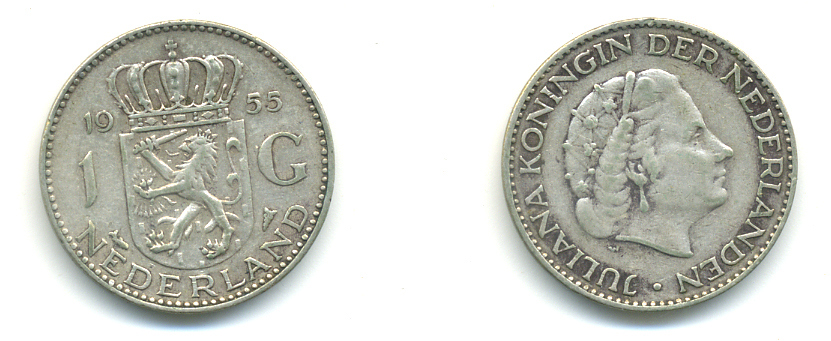 Нидерланды 1 гульден 1955 Юлиана (1948-1980) KM 184 серебро 83-737