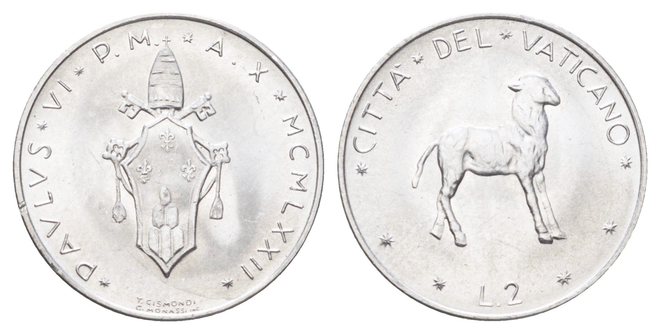 Ватикан 2 лиры 1970 MCMLXX, Павел KM 117 алюминий UNC 4697-1023