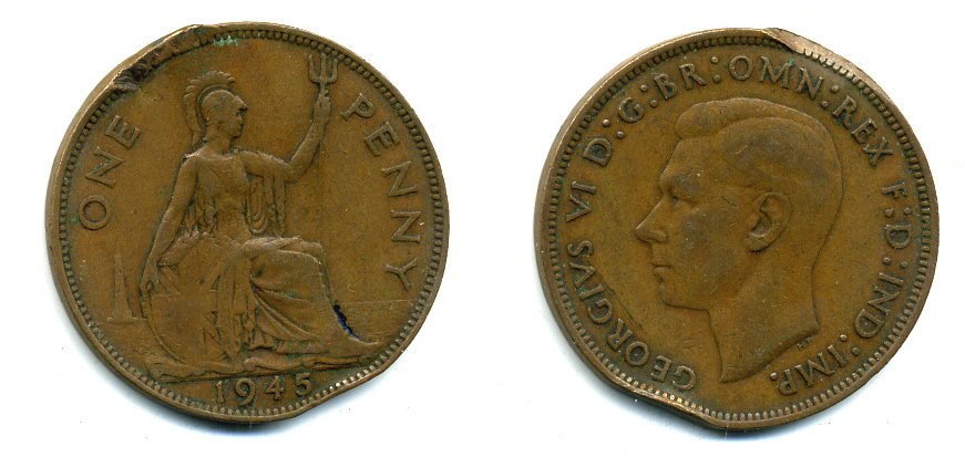 Великобритания 1 пенни 1945 Георг VI (1936-1952) KM 845, Spink 4114 бронза 37-1034