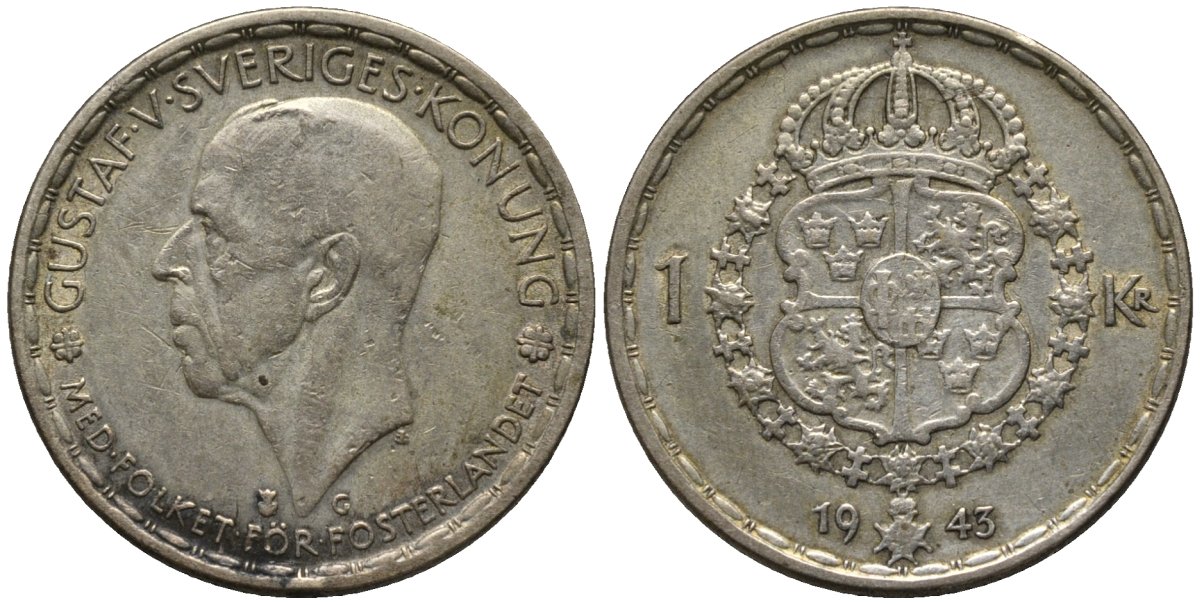 Швеция 1 крона 1943 G, Густав V (1907-1950) KM 814 серебро 4577-811