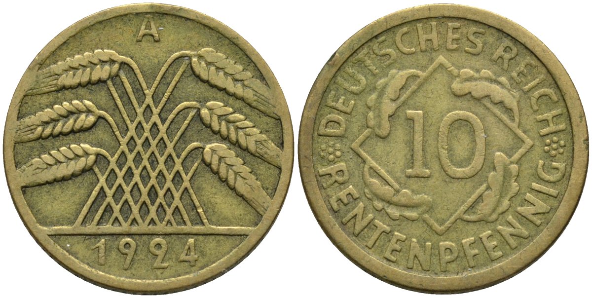 Германия 10 рентенпфеннигов 1924 A KM 33 алюминиевая бронза 4163-747