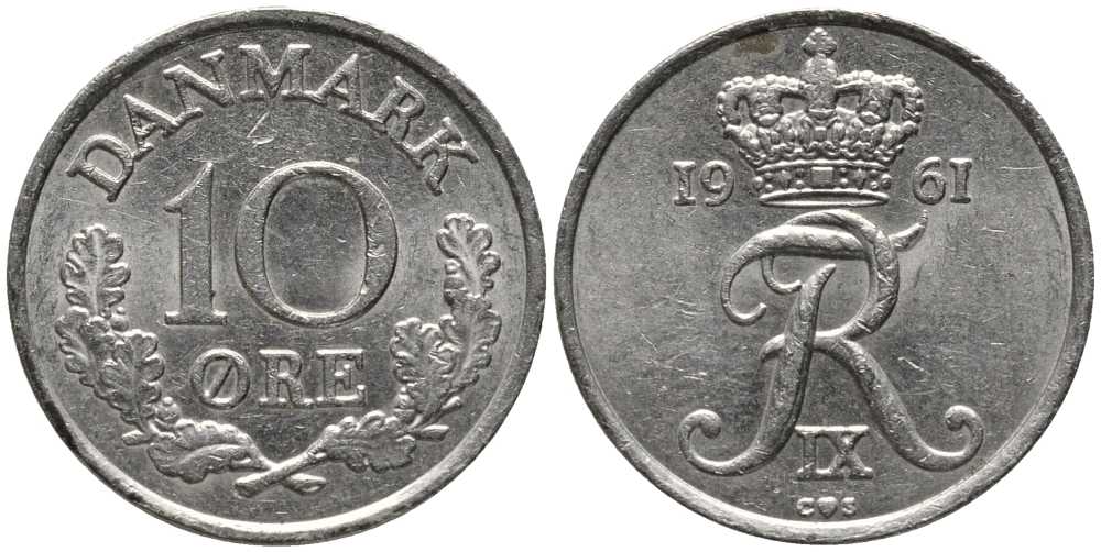 ДАНИЯ 10 ЭРЕ 1961 C; S, ФРЕДЕРИК IX (1947-1972) KM 841.3 медно-никель 116-219