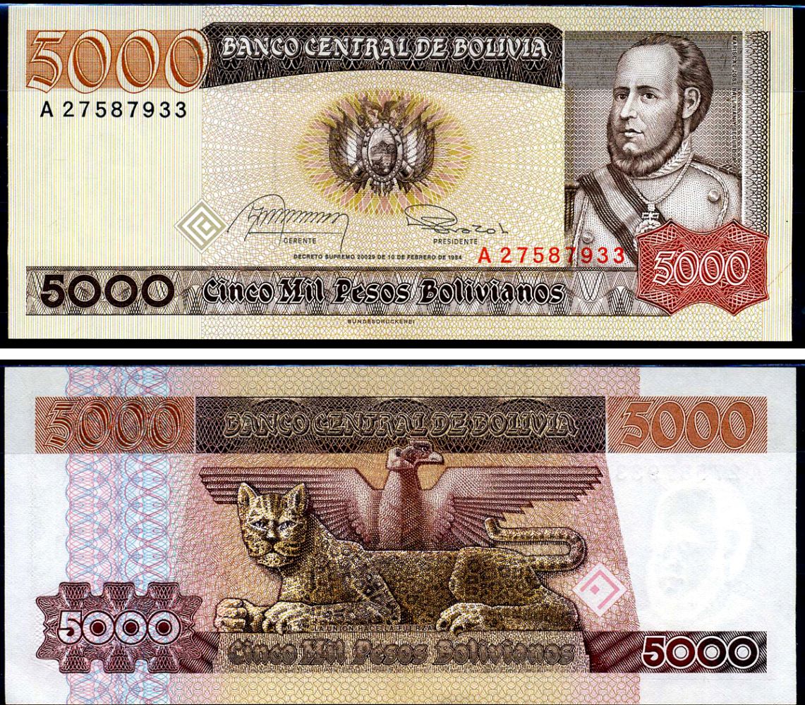 Боливия 5000 песо 1984 Хосе Бальивиан, леопард Pick 168 a (1)  бумага UNC (пресс) 7183-26-3-2