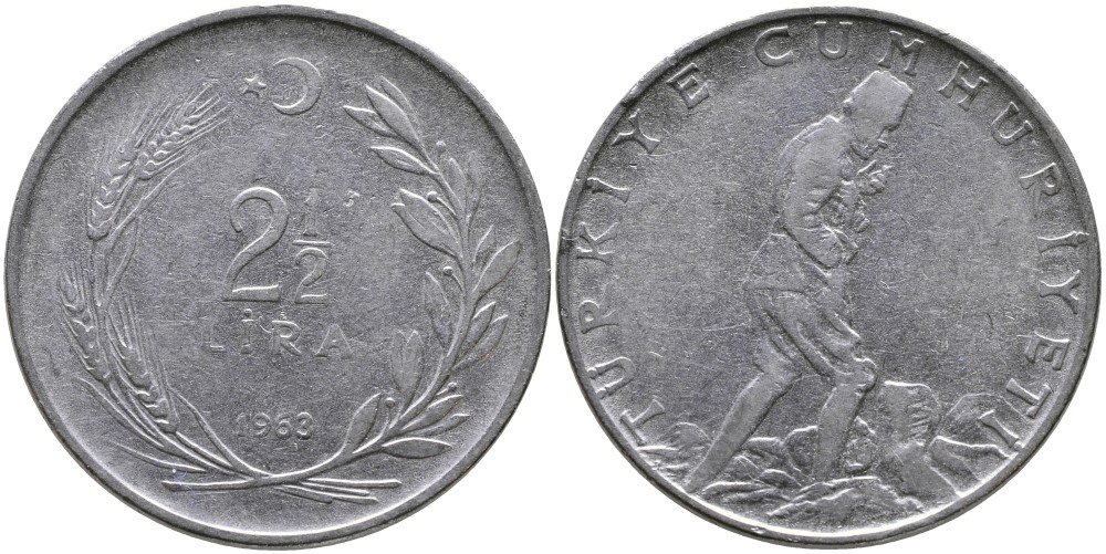 ТУРЦИЯ 2 1/2 ЛИРЫ 1963 KM 893.1 нержавеющая сталь 29-1035