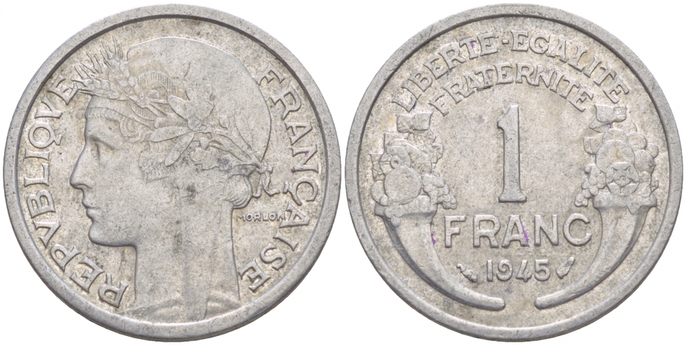 ФРАНЦИЯ 1 ФРАНК 1945 KM 885a.1 алюминий 4546-1233