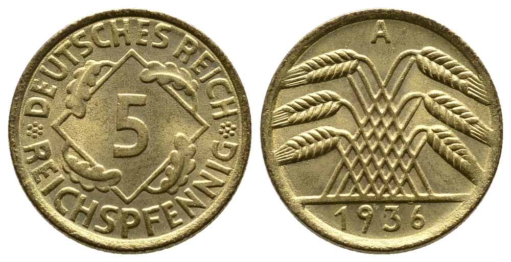 ГЕРМАНИЯ 5 РЕЙХСПФЕННИГОВ 1936 A, KM 39, J. 316 алюминиевая бронза 4380-1036