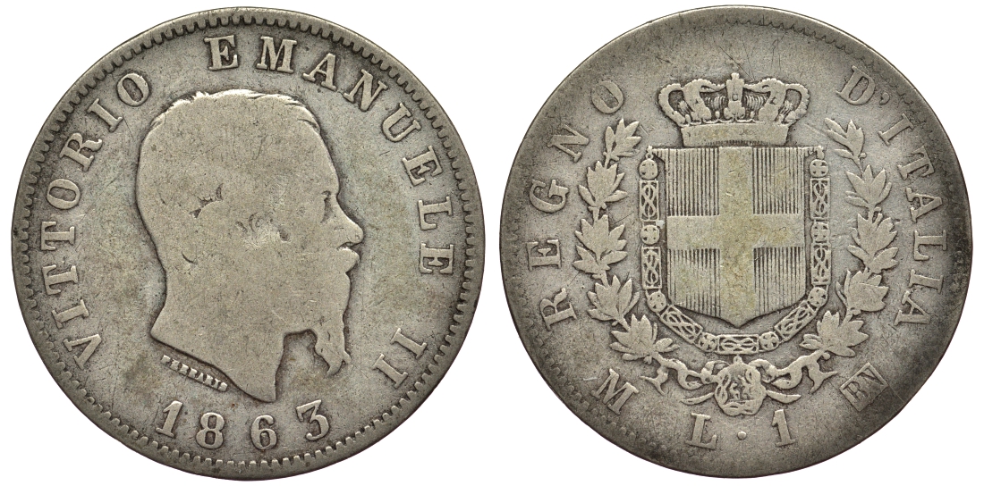 Италия 1 лира 1863 M-BN, Виктор Эммануил II KM 5a.1 серебро 55-125