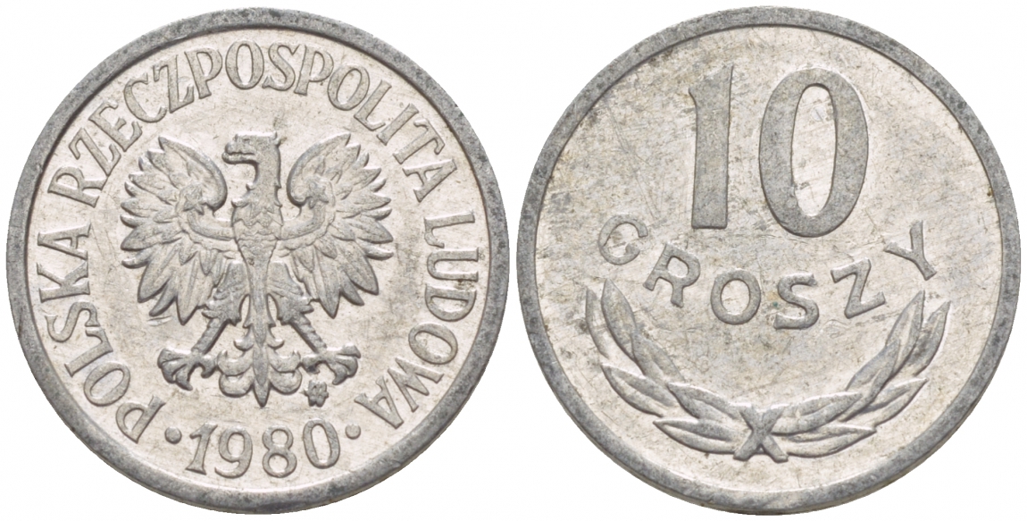 ПОЛЬША 10 ГРОШЕЙ 1980 MW KM АА47 алюминий 4549-765