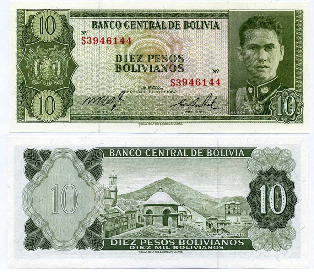 Боливия 10 песо боливиано 1962 серия S3, Херман Буш Бесерра, TDLR Pick 154 a (17) бумага UNC (пресс) 8611-24-1-1