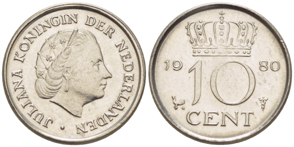 Нидерланды 10 центов 1980 Юлиана (1949-1980) KM 182 никель 3457-1232