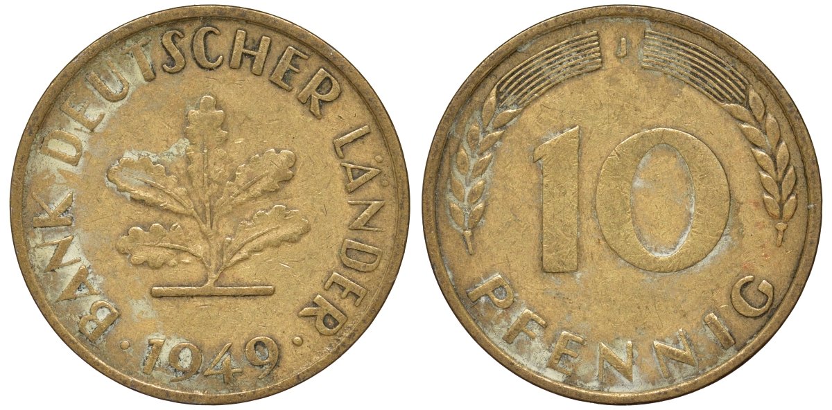 ФРГ 10 пфеннигов 1949 J KM 103, J. 378 сталь плакированная латунью 4132-515