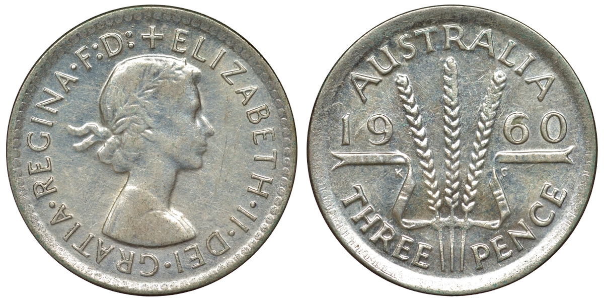 Австралия 3 пенса 1960 m, Елизавета II (1952-2022) KM 57 серебро 71-651
