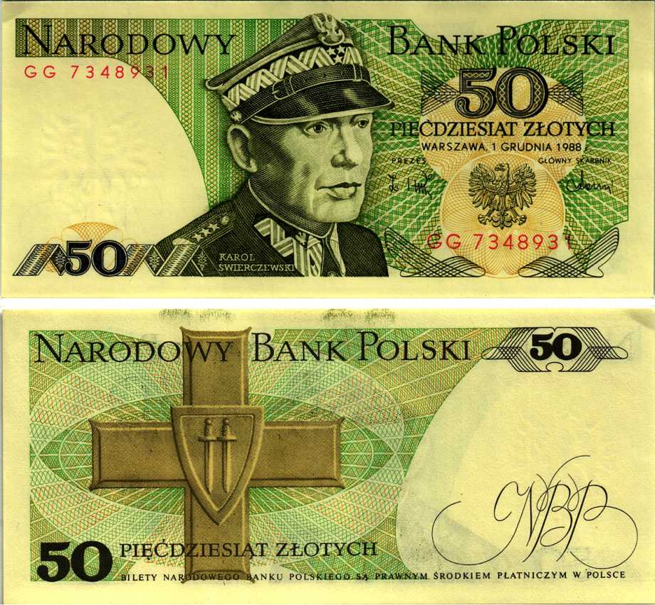 Польша 50 злотых 1988 Кароль Сверчевский, знак Грюнвальдского ордена Pick 142 c бумага аUNC 8607-74-1-2