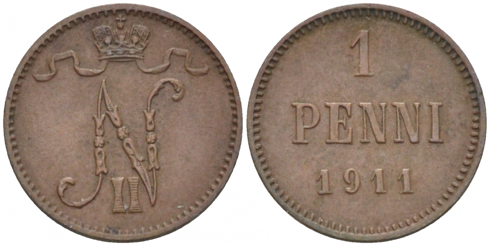 Россия для Финляндии 1 пенни 1911 Николай II (1894-1917) KM 13, Биткин 471 медь 4396-1352