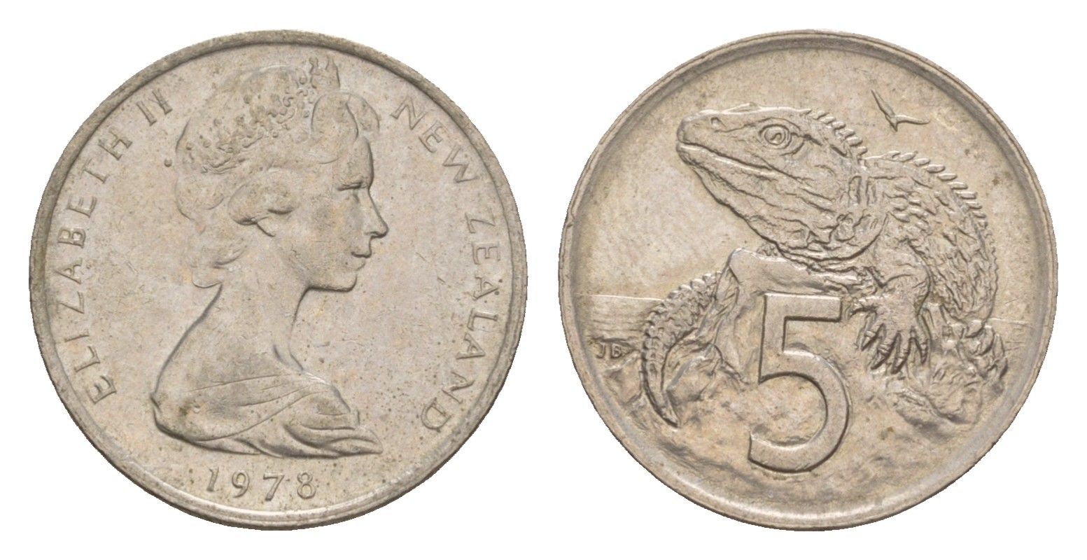 Новая Зеландия 5 центов 1978 Елизавета II (1952-2022), ящерица гаттерия KM 34.1 медно-никель 4178-341
