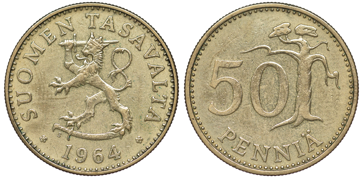 Финляндия 50 пенни 1964 S KM 48 алюминиевая бронза 259-557
