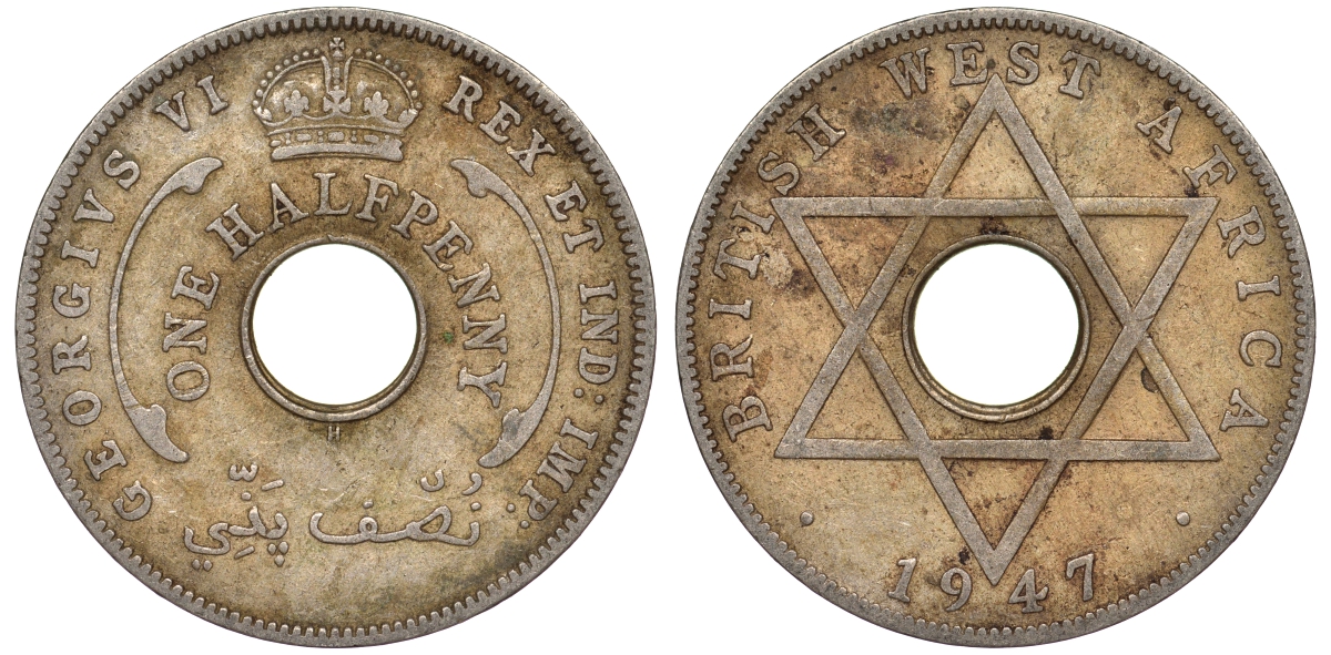 Британская Западная Африка 1/2 пенни 1947 H, Георг VI KM 18 медно-никель 25-2227
