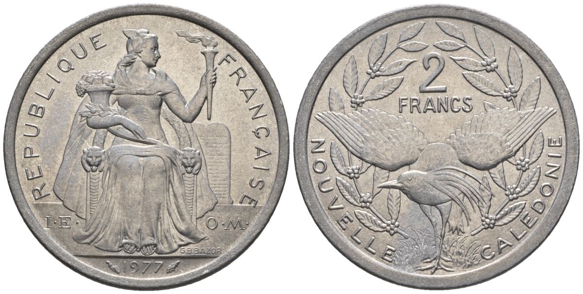 Французская Новая Каледония 2 франка 1977  KM 14 алюминий  UNC  4610-454