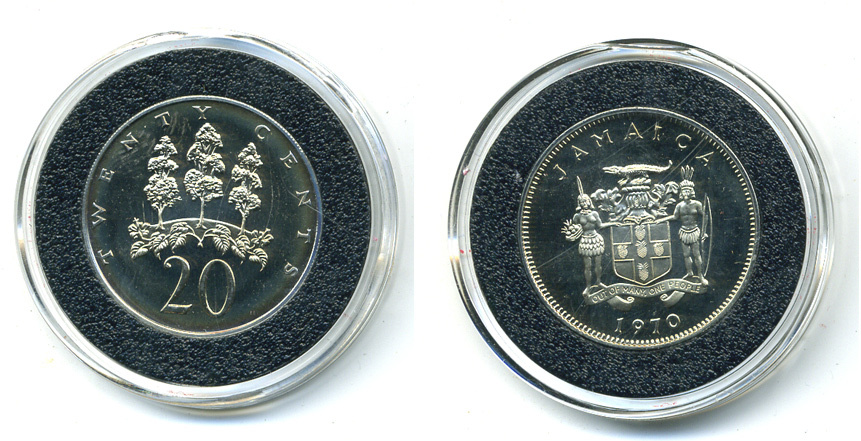 Ямайка 20 центов 1970 P, тираж 12000 экз., Франклин Минт KM 48 медно-никель PROOF 02-104-32