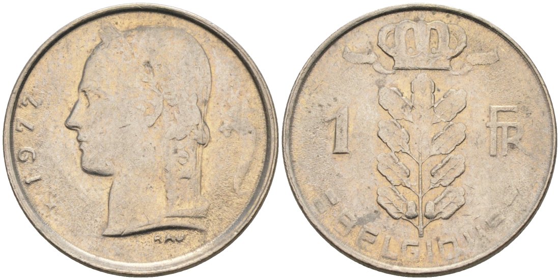 Бельгия 1 франк 1977 Belgique, Бодуэн I (1951-1993) KM 142.1 медно-никель 4175-326