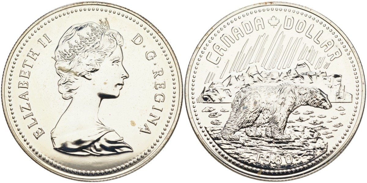 Канада 1 доллар 1980 Арктические территории, полярный медведь KM 128 серебро PROOFLIKE 01-172-43