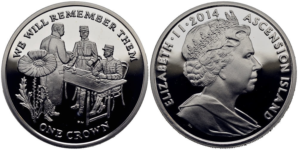 Остров Вознесения 1 крона 2014 в память героев первой мировой войны, допрос KM NEW серебро PROOF 1071-3-41