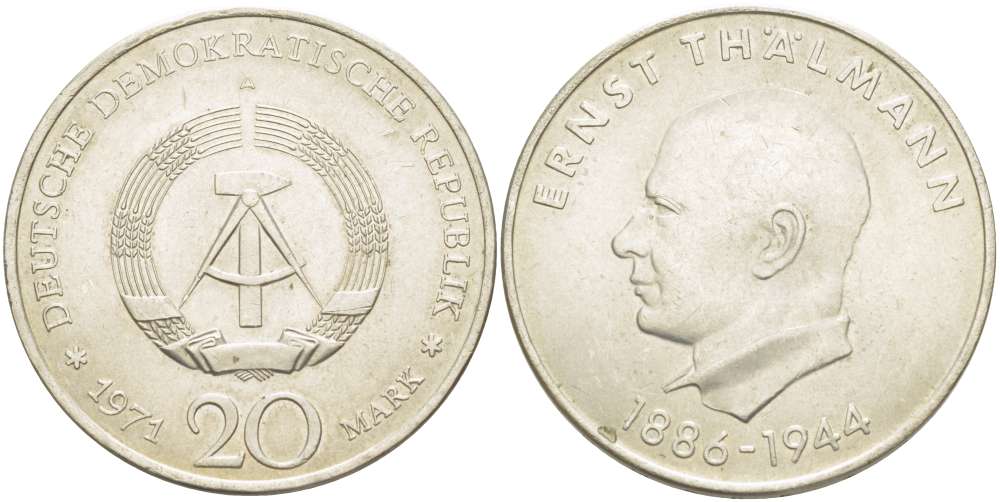 ГДР 20 марок 1971 A, 85 лет со дня рождения Эрнста Тельмана KM 34, J. 1535 медно-никель 4521-422