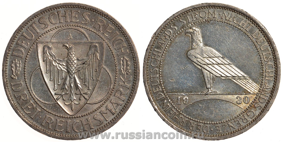 Германия 3 марки 1930 A, освобождение Рейнлянда J. 345, KM 70 серебро aUNC 02-119-42