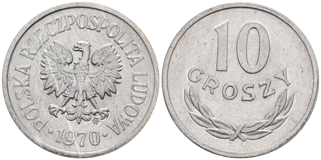 Польша 10 грошей 1970 MW KM АА47, Parchimowicz 206i алюминий UNC 4564-1053
