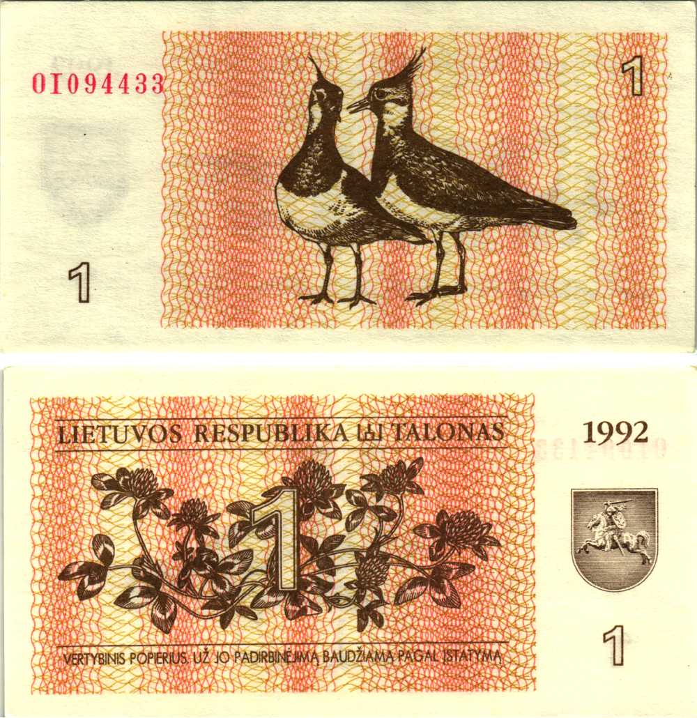 ЛИТВА 1 ТАЛОН 1992 ПТИЧКИ ЧИБИСЫ Pick 39, Сергеев 31 бумага аUNC 8611-6-1