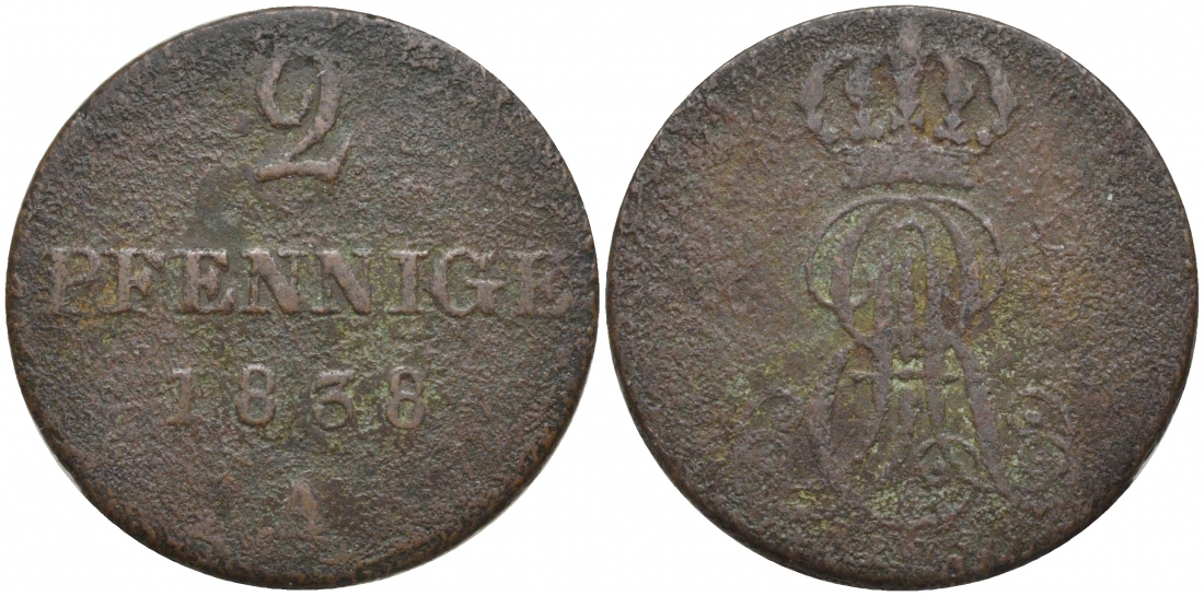 Ганновер 2 пфеннига 1838 A, Эрнст Август (1837-1851) KM 174.1, AKS 122, J. 55 медь 3856-823