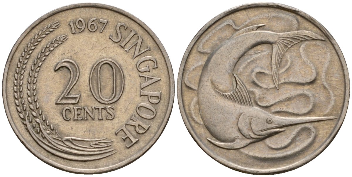 Сингапур 20 центов 1967 голубой марлин, тунец KM 4 медно-никель 4601-754
