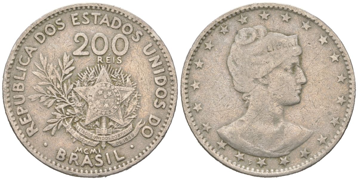 Бразилия 200 реалов 1901 MCMI, голова свободы вправо KM 504 медно-никель 4612-246