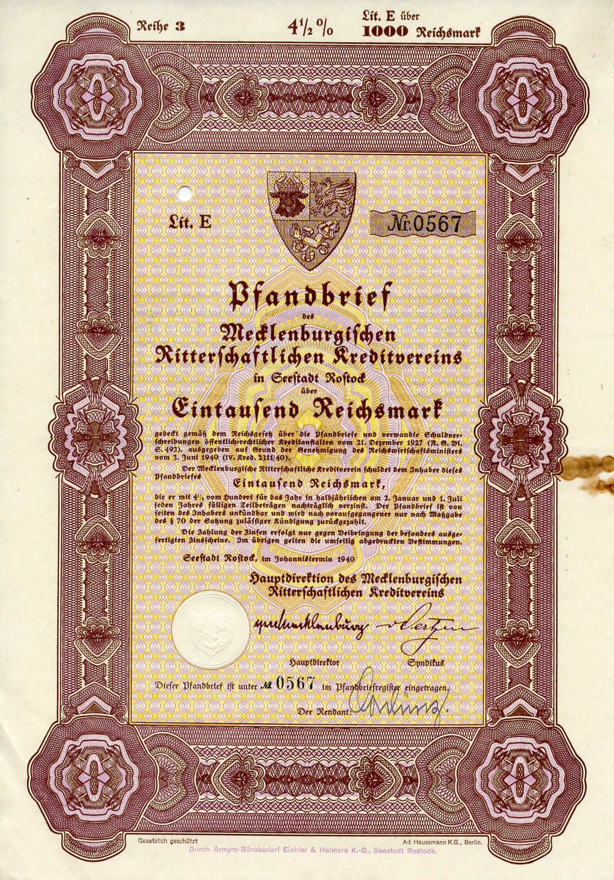 Германия 1000 рейхсмарок 1940 Мекленбургский рыцарский кредитный клуб, 4 1/2%   бумага  8804-89-1