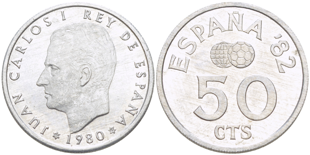 Испания 50 сентимо 1980 (80) чемпионат мира по футболу в Испании 1982 года, Хуан Карлос ( 1975-) KM 815 алюминий UNC 216-412