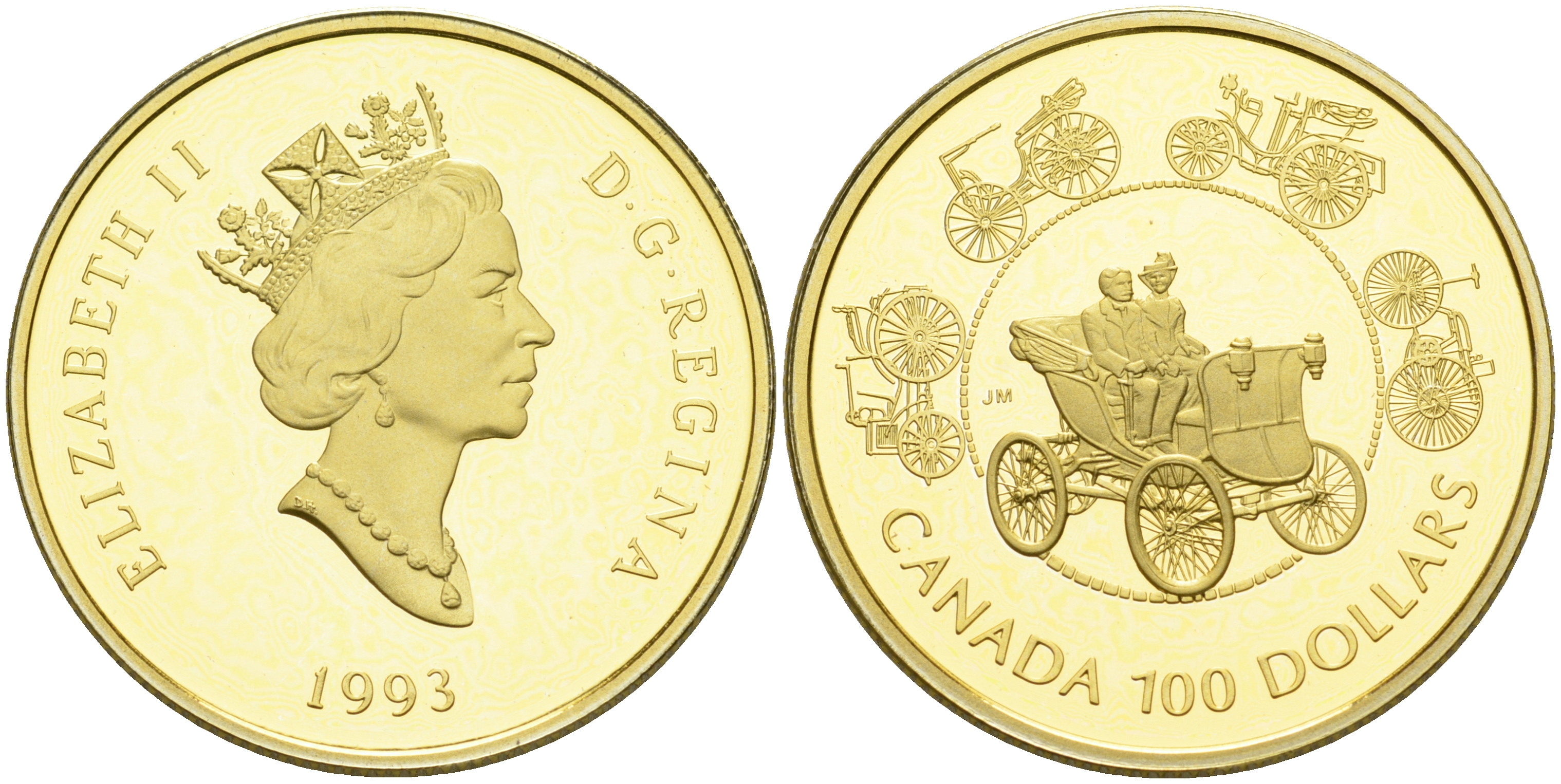 Канада 100 долларов 1993 эволюция старинных автомобилей KM 245 золото PROOF 00-808-22