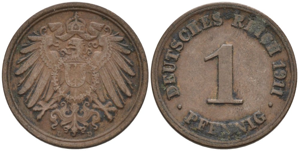 Германия 1 пфенниг 1911 D KM 10, J. 10 медь 4576-212