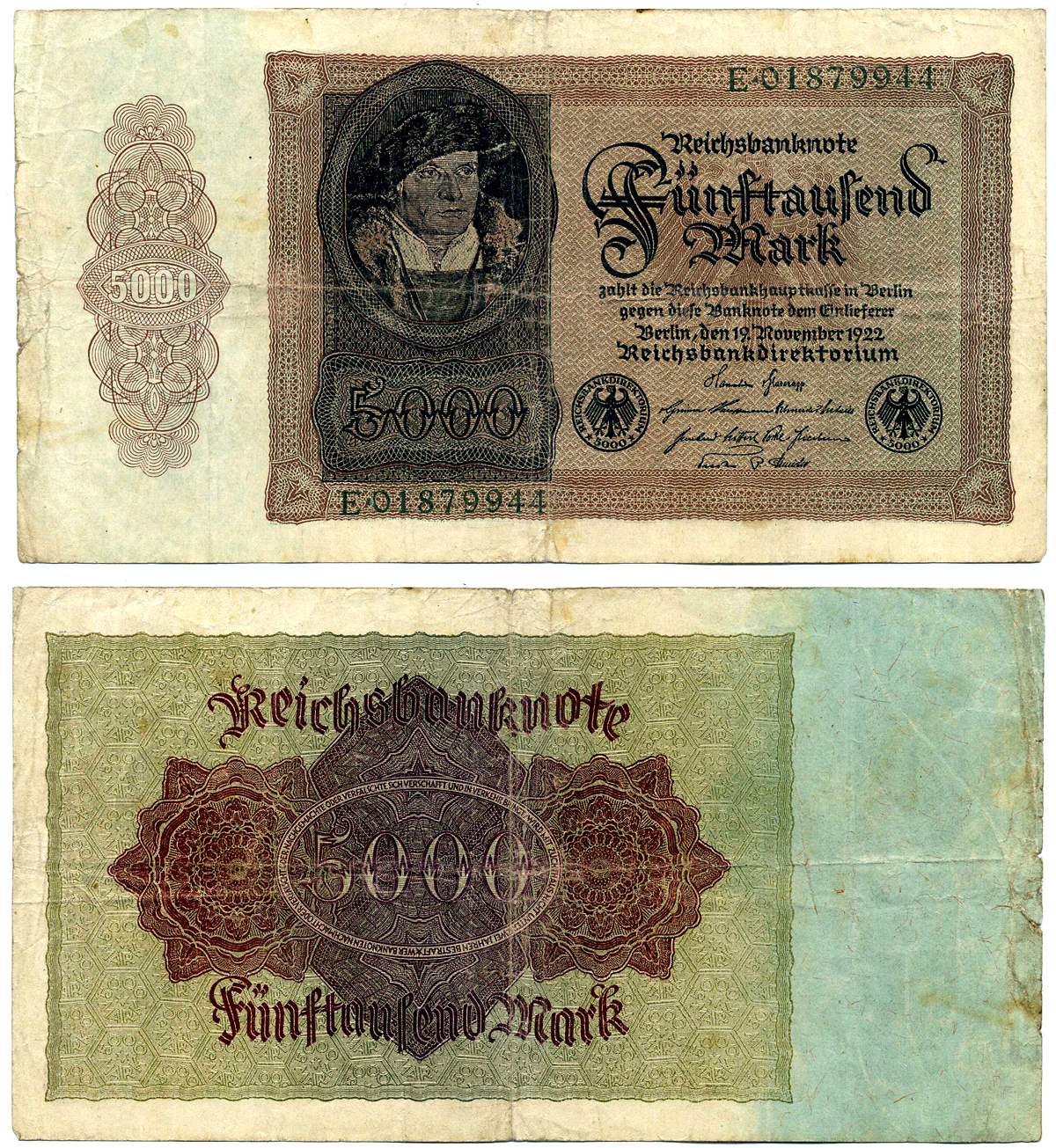 ГЕРМАНИЯ 5000 МАРОК 1922 19 НОЯБРЯ 1922, ВЫПУСК (ЯНВАРЬ 1923-5 ИЮЛЯ 1925), СЕРИЯ Е 01879944 Pick 78, Роземберг 77 бумага 7523-28-2-2