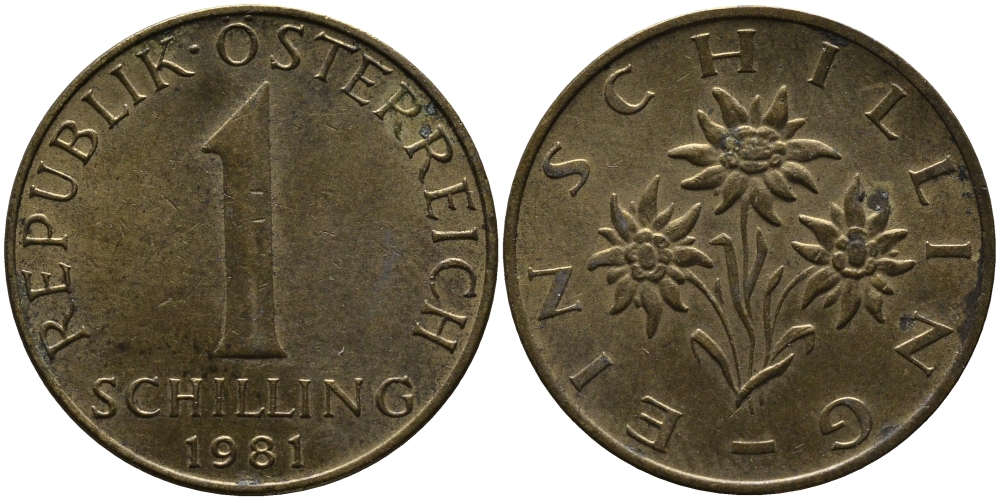 АВСТРИЯ 1 ШИЛЛИНГ 1981 KM 2886 алюминиевая бронза 33-551