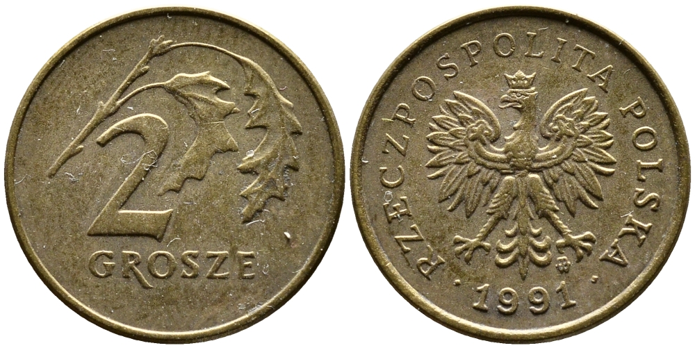 ПОЛЬША 2 ГРОША 1991 MW KM 277 латунь 26-1047