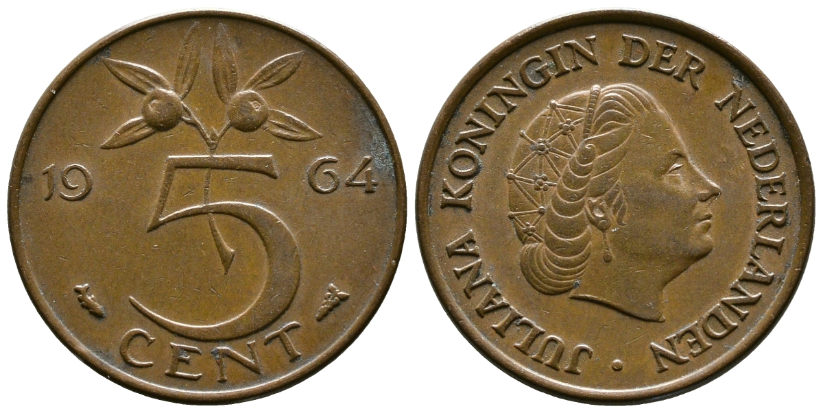НИДЕРЛАНДЫ 5 ЦЕНТОВ 1964 ЮЛИАНА KM 181 бронза 261-851