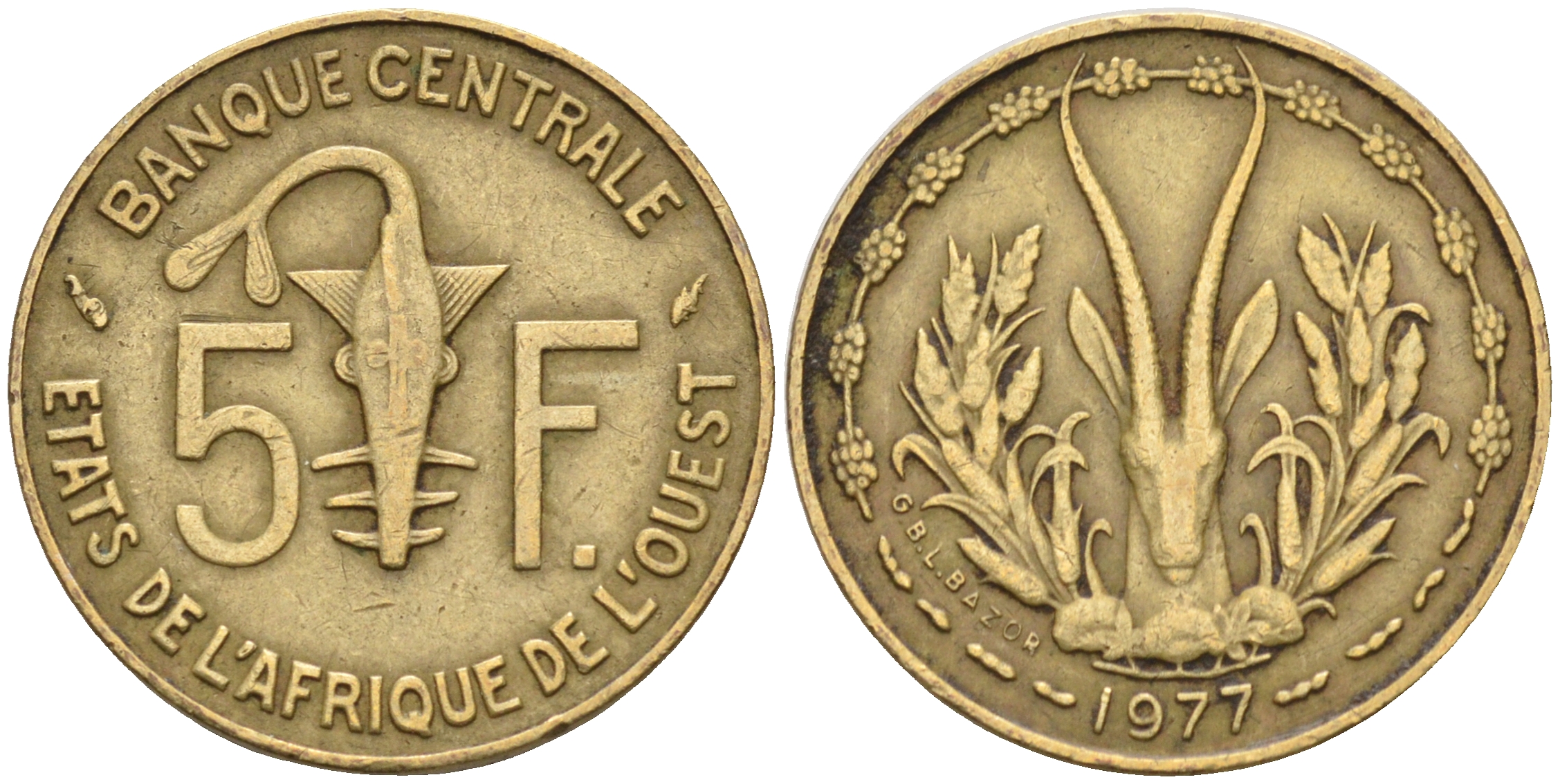 Валютное сообщество стран Западной Африки 5 франков 1977  KM 2а алюминий никель бронза    4115-361