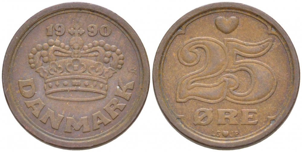 ДАНИЯ 25 ЭРЕ 1990 LG; JP; A, МАРГРЕТЕ II (1972-) KM 868.1 бронза 3309-215