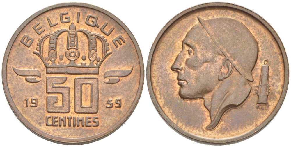 БЕЛЬГИЯ 50 САНТИМОВ 1959 BELGIQUE, БОДУЭН I (1951-1993) KM 148.1 бронза 206-165